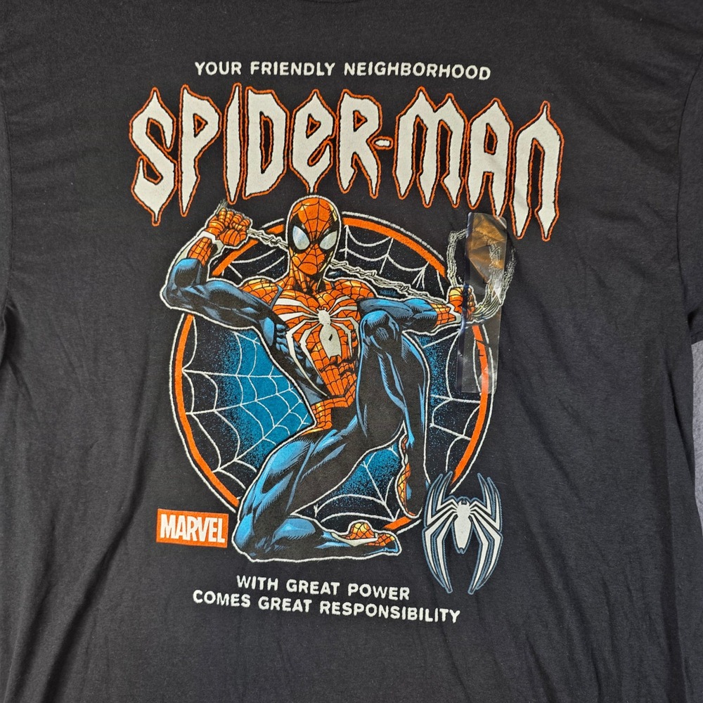 Marvel Spider-Man T-Shirt Men Large Black Graphic Great Responsibility Tee NWOT